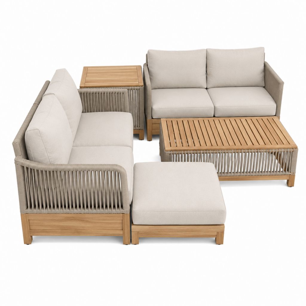 5-teiliges Gartenlounge-Set Beige aus Akazienholz und Polyesterseil mit 2-Sitzer-Sofas Couchtisch und Hocker 230 x 150 x 75 cm