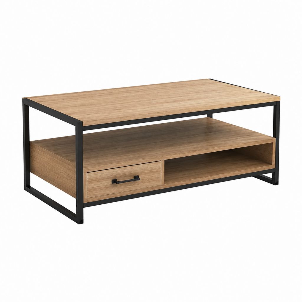 Couchtisch Eicheoptik mit schwarzem Stahlgestell und Schublade rechteckig 100 x 50 x 45 cm
