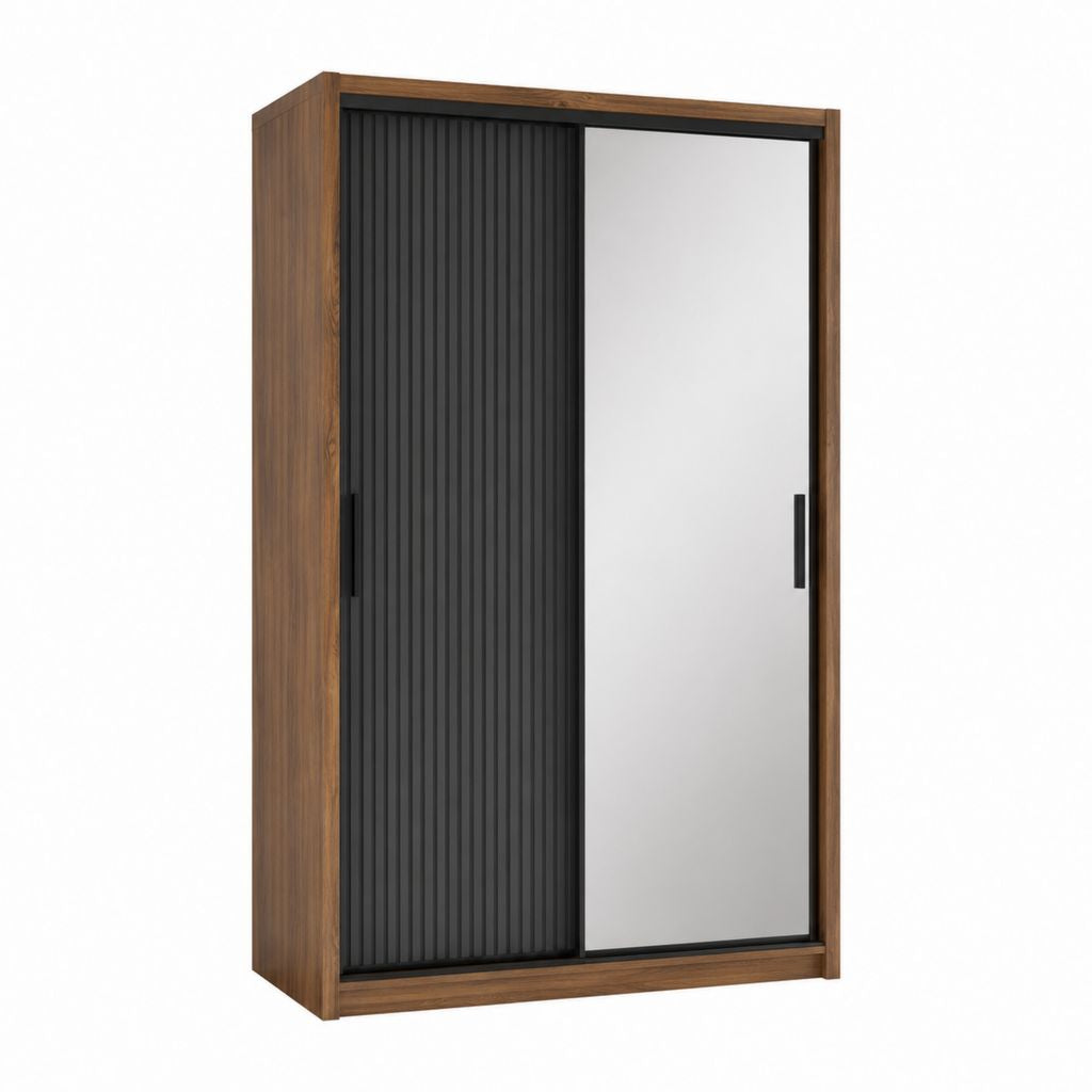 Schwebetürenschrank rechteckig Nussbaumoptik Schwarz mit Spiegel und Spanplatte 120 x 60 x 200 cm
