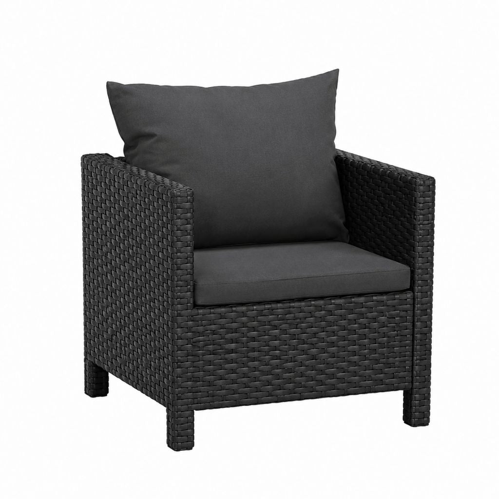 Gartensessel aus schwarzem Polyrattan mit anthrazitfarbenen Polyesterpolstern 65 x 65 x 77 cm