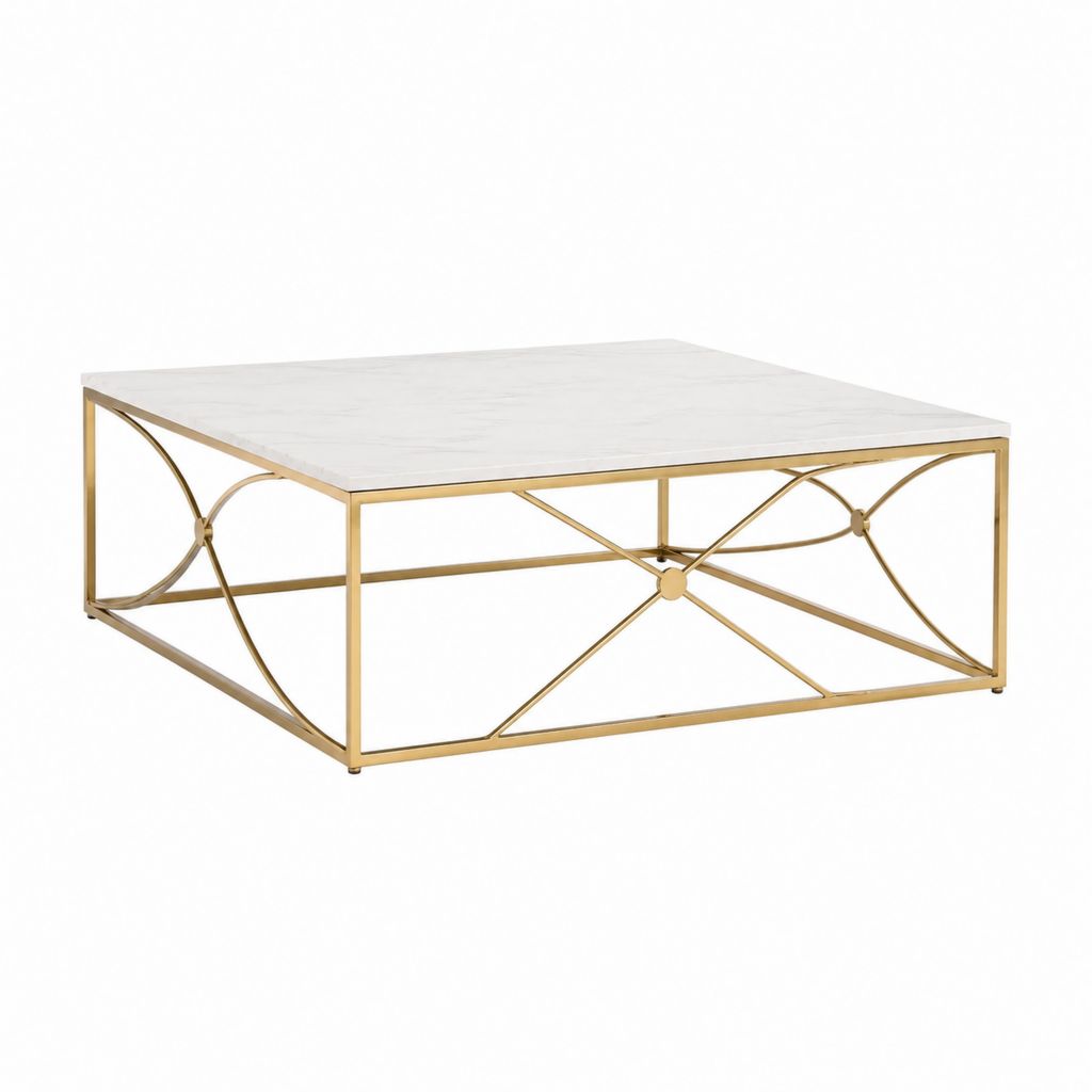 Couchtisch Weiß Gold Sinterstein Edelstahl quadratisch 100 x 100 x 45 cm