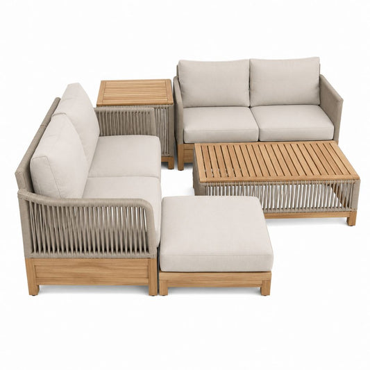 5-teiliges Gartenlounge-Set Beige aus Akazienholz und Polyesterseil mit 2-Sitzer-Sofas Couchtisch und Hocker 230 x 150 x 75 cm