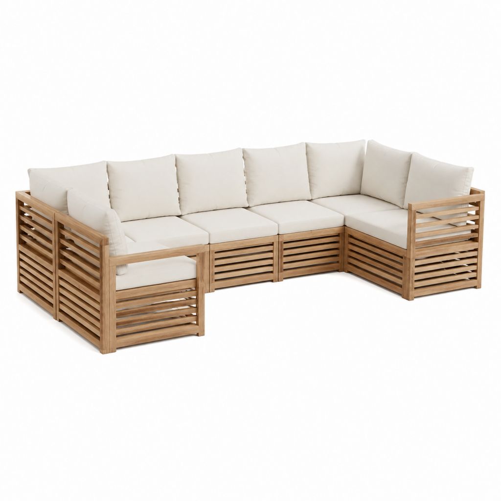 Modulares Gartensofa Set aus Akazienholz mit cremefarbenen Polyesterkissen L-Form 280 x 210 x 75 cm