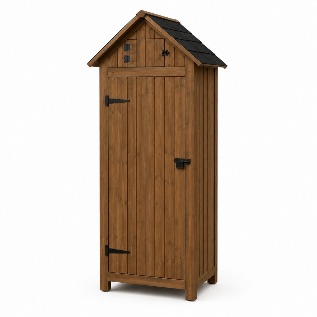 Gartenschrank aus braun lasiertem Kiefernholz mit Satteldach 80 x 60 x 180 cm
