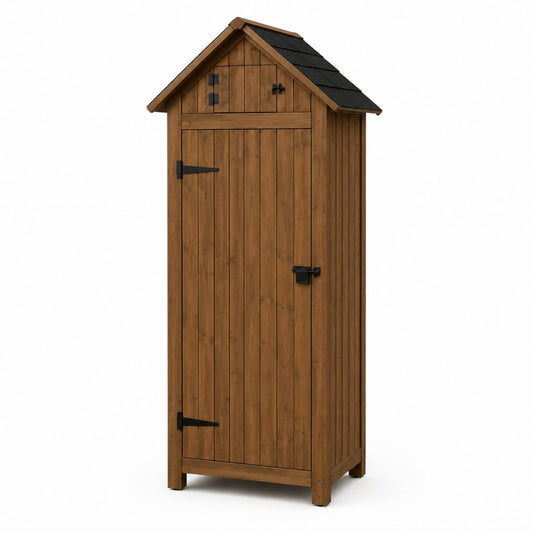 Gartenschrank aus braun lasiertem Kiefernholz mit Satteldach 80 x 60 x 180 cm