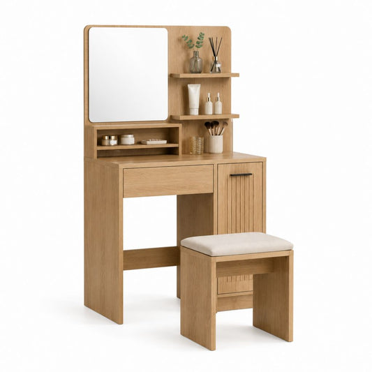 Schminktisch Set Eicheoptik aus MDF mit Spiegel Stauraum und Hocker 80 x 40 x 150 cm