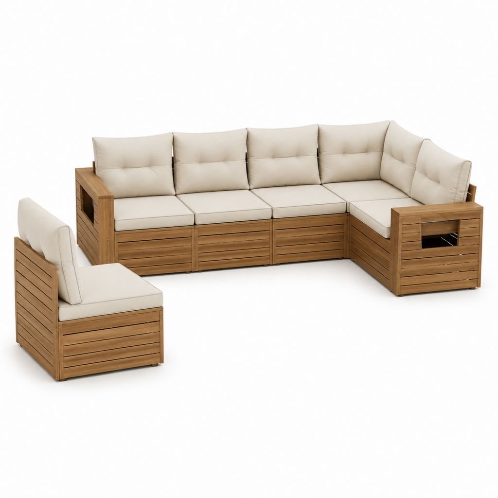 Gartenlounge Set aus massivem Akazienholz in Naturbeige L-Form 262 x 202 x 75 cm mit Sessel