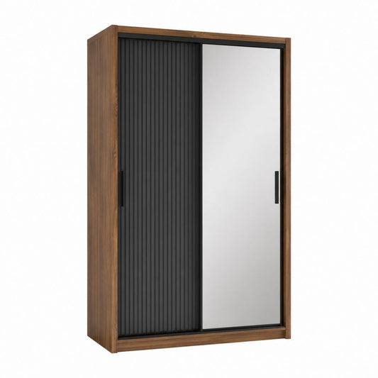 Schwebetürenschrank rechteckig Nussbaumoptik Schwarz mit Spiegel und Spanplatte 120 x 60 x 200 cm