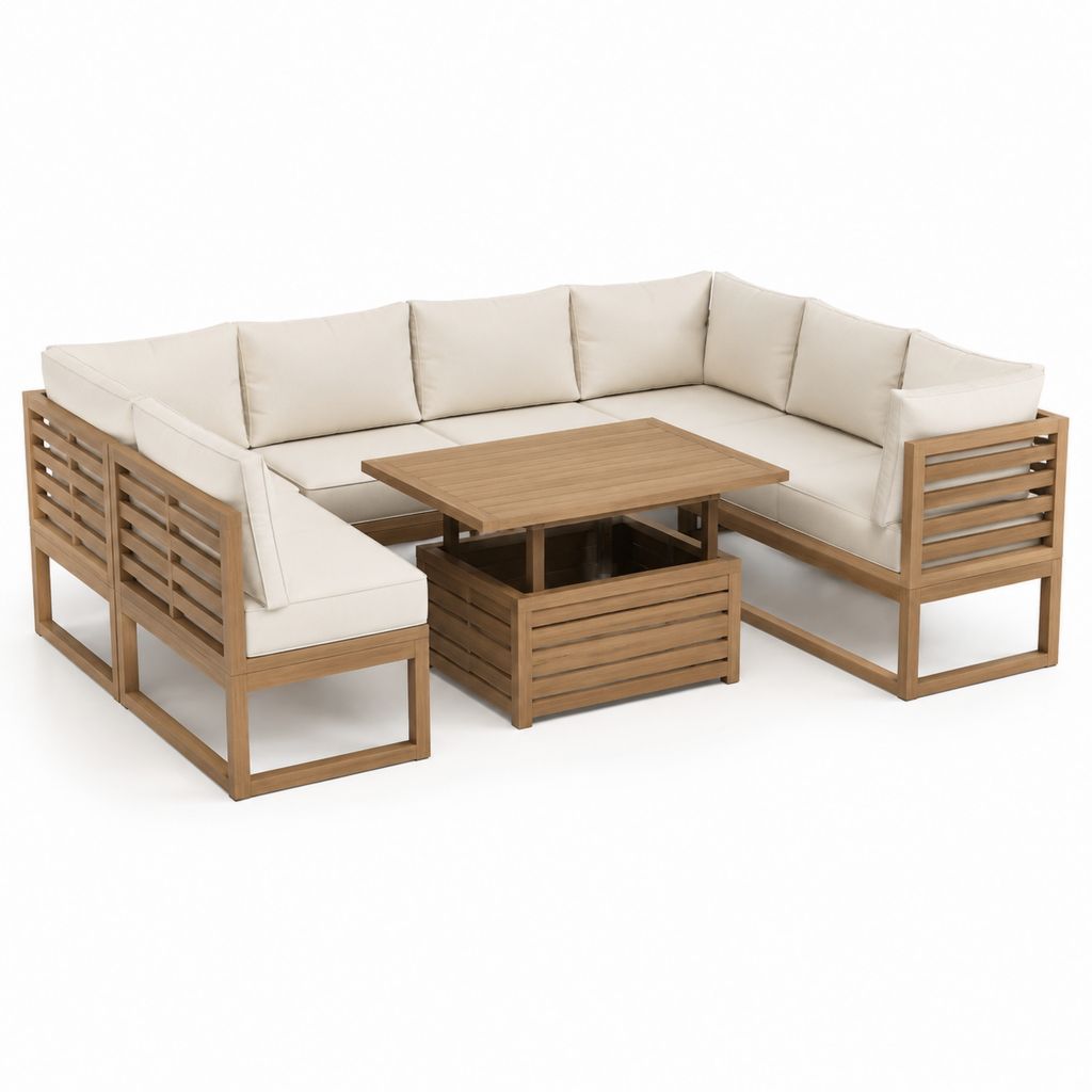 6-teiliges Gartenlounge-Set L-Form Naturbraun Cremeweiß aus massivem Akazienholz mit Polyesterkissen 250 x 250 x 70 cm