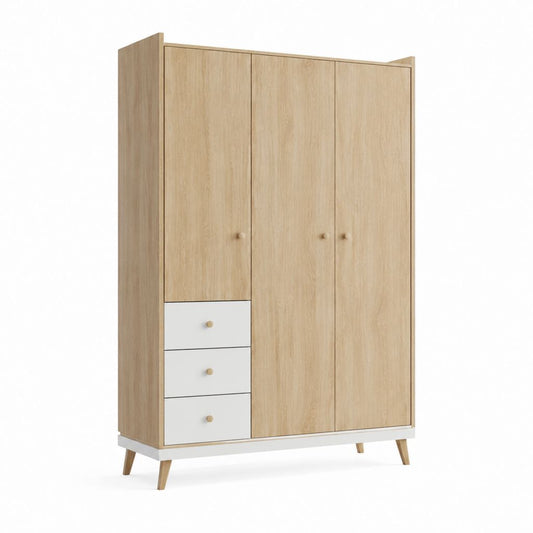 Kleiderschrank 3 Türen 3 Schubladen Eiche hell Weiß Spanplatte rechteckig 120 x 52 x 200 cm
