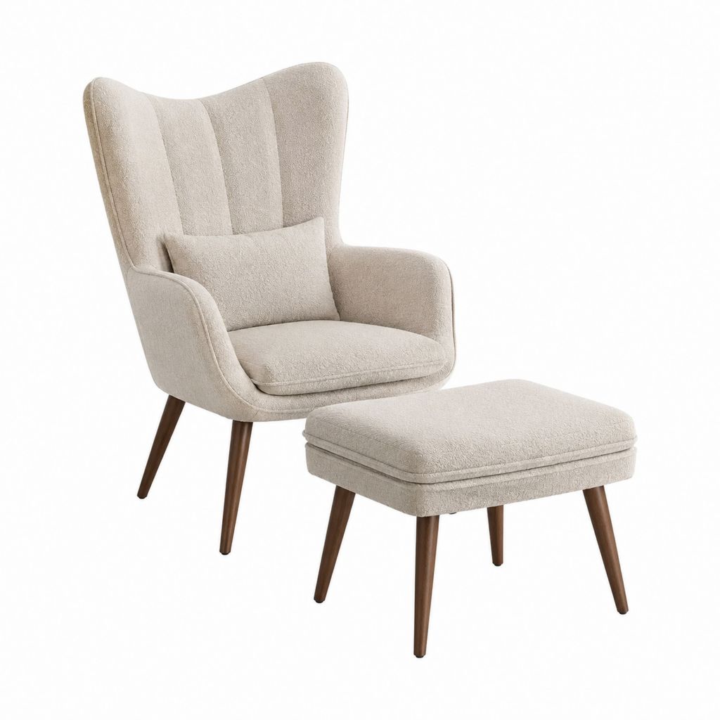 Ohrensessel mit Fußhocker 2-teilig Beige Polyester mit Gummibaumholzbeinen Sessel 78 x 86 x 104 cm Hocker 55 x 45 x 42 cm