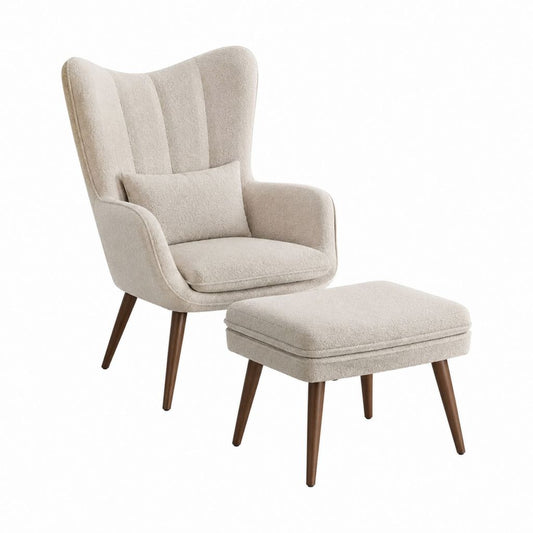 Ohrensessel mit Fußhocker 2-teilig Beige Polyester mit Gummibaumholzbeinen Sessel 78 x 86 x 104 cm Hocker 55 x 45 x 42 cm