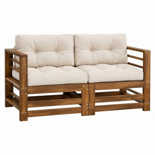 Gartensofa 2-Sitzer Braun Beige Akazien-Massivholz Polyester 120 x 65 x 75 cm