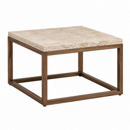 Couchtisch quadratisch aus Travertin und Nussbaum-Massivholz 80 x 80 x 45 cm