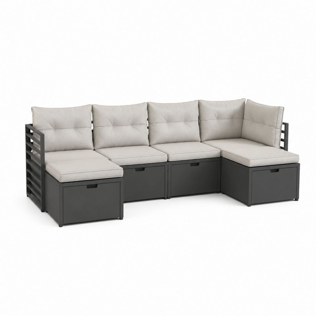 Gartensofa Ecksofa 4-Sitzer Grau Schwarz aus pulverbeschichtetem Stahl 240 x 180 x 85 cm mit Stauraum
