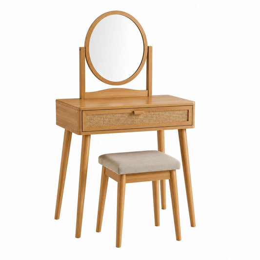 Schminktisch Set Naturfarben aus Gummibaum-Massivholz mit rundem Spiegel und Hocker 80 x 40 x 130 cm